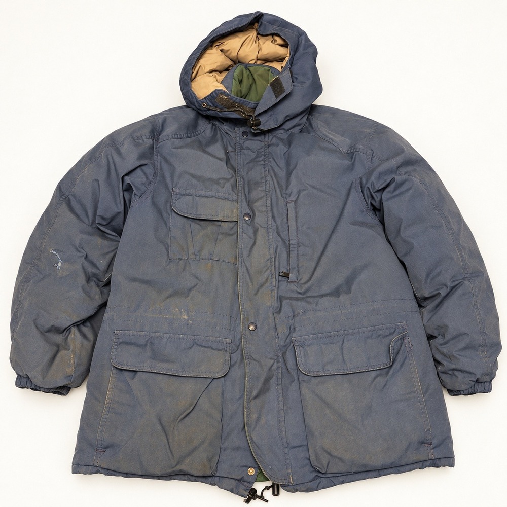 Eddie Bauer Mens L Blue Goose Down Hooded Parka Made in USA Heavy Wear Repair